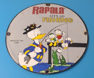 Vintage Rapala Fishing Lures Ad Sign Donald Duck Porcelain Gas Pump Plate Sign 305855040466