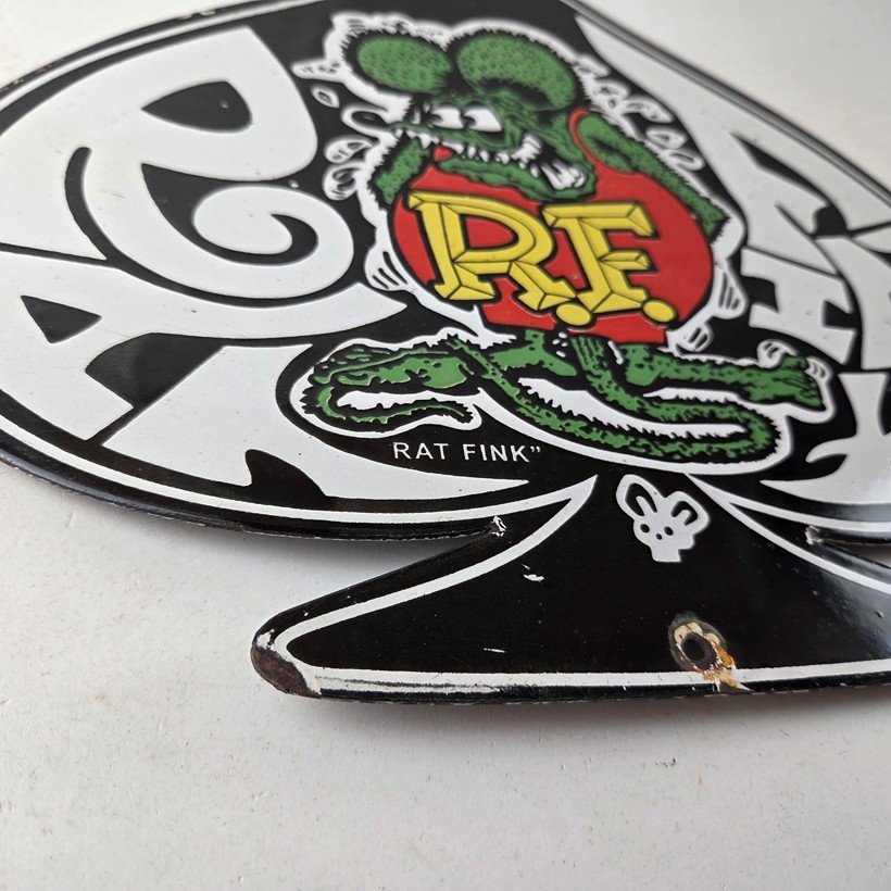 Vintage Rat Fink Sign - Car Mod Auto Hot Rod Gas Pump Plate Porcelain Spade Sign - Image 11