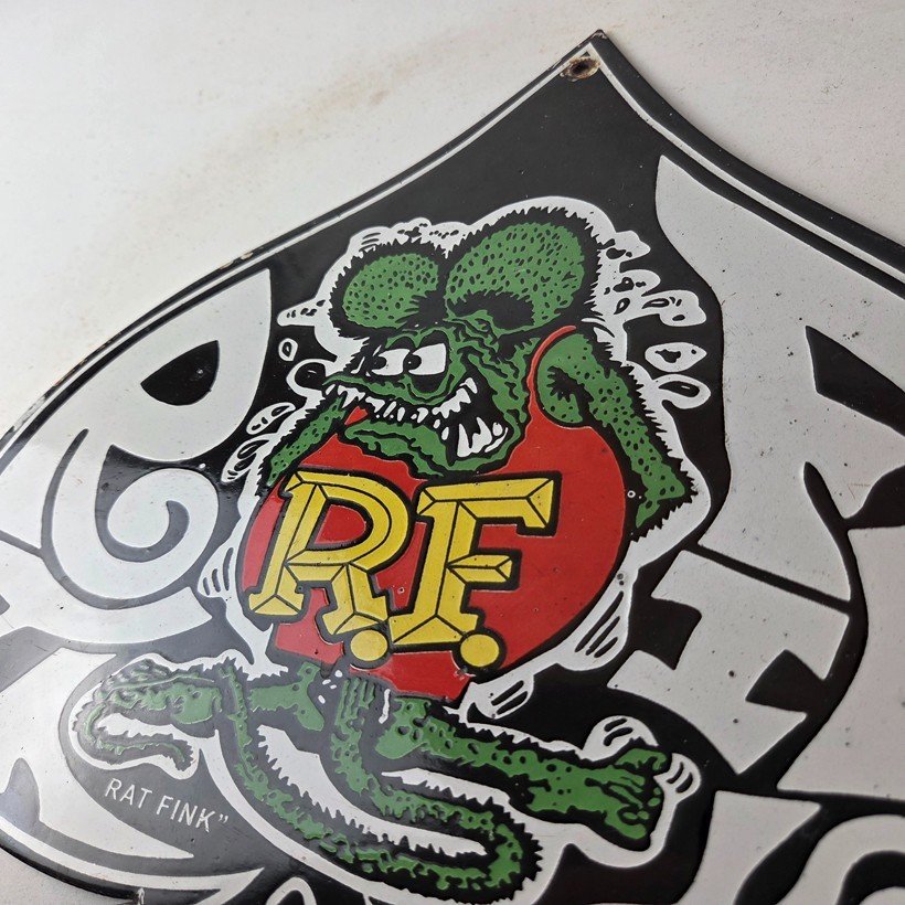 Vintage Rat Fink Sign - Car Mod Auto Hot Rod Gas Pump Plate Porcelain Spade Sign - Image 12