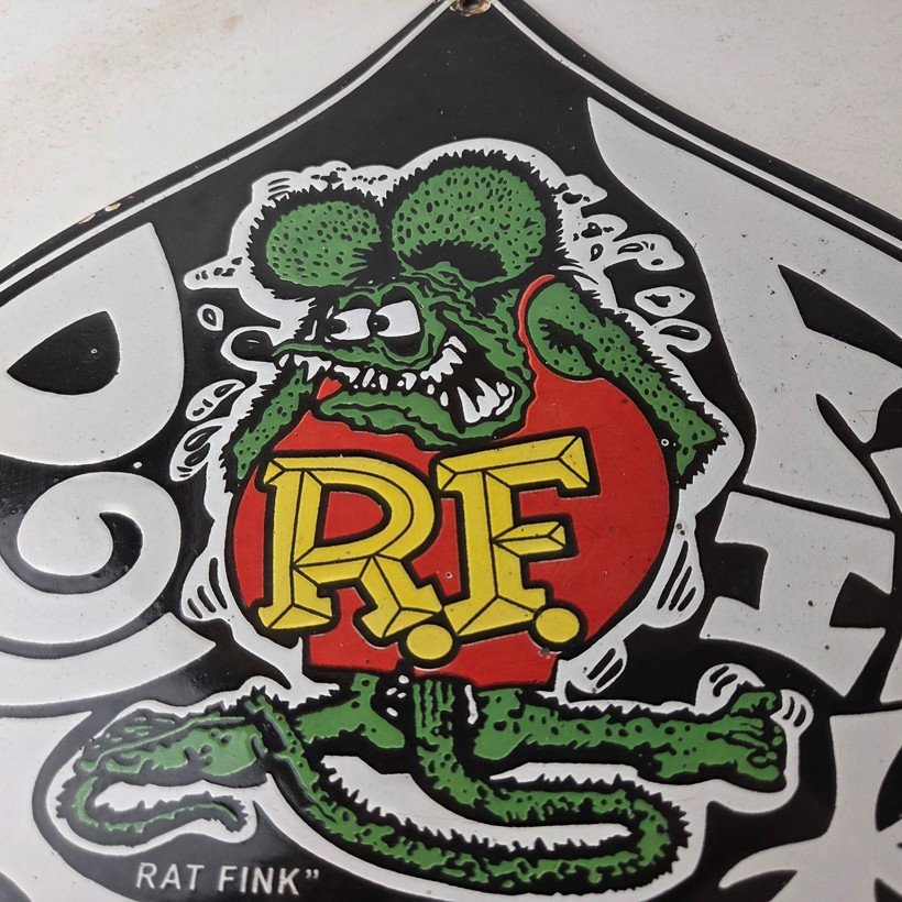 Vintage Rat Fink Sign - Car Mod Auto Hot Rod Gas Pump Plate Porcelain Spade Sign - Image 3