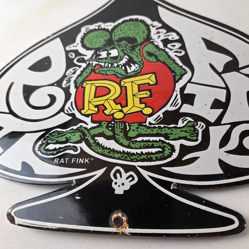 Vintage Rat Fink Sign - Car Mod Auto Hot Rod Gas Pump Plate Porcelain Spade Sign - Image 4