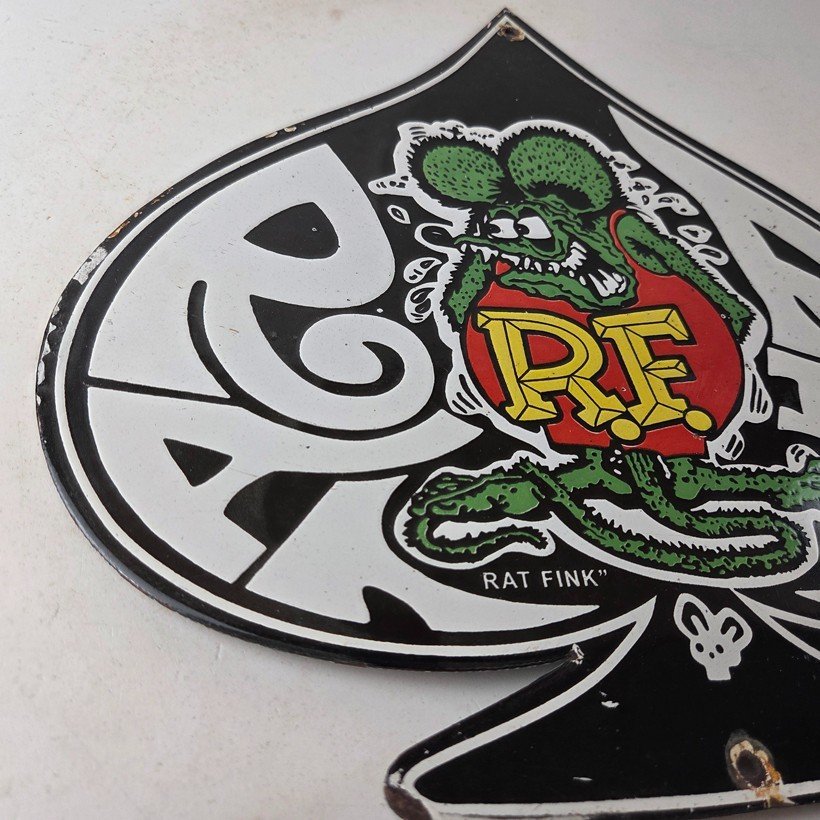 Vintage Rat Fink Sign - Car Mod Auto Hot Rod Gas Pump Plate Porcelain Spade Sign - Image 6