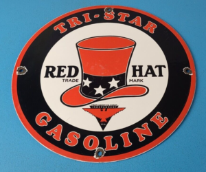 Vintage Red Hat Gasoline Porcelain Sign Gas Motor Oil Pump Plate Sign 305859348966