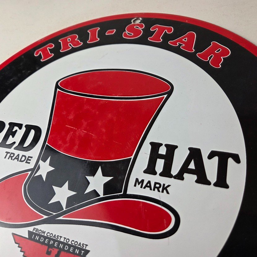 Vintage Red Hat Gasoline Porcelain Sign - Gas Motor Oil Pump Plate Sign - Image 12