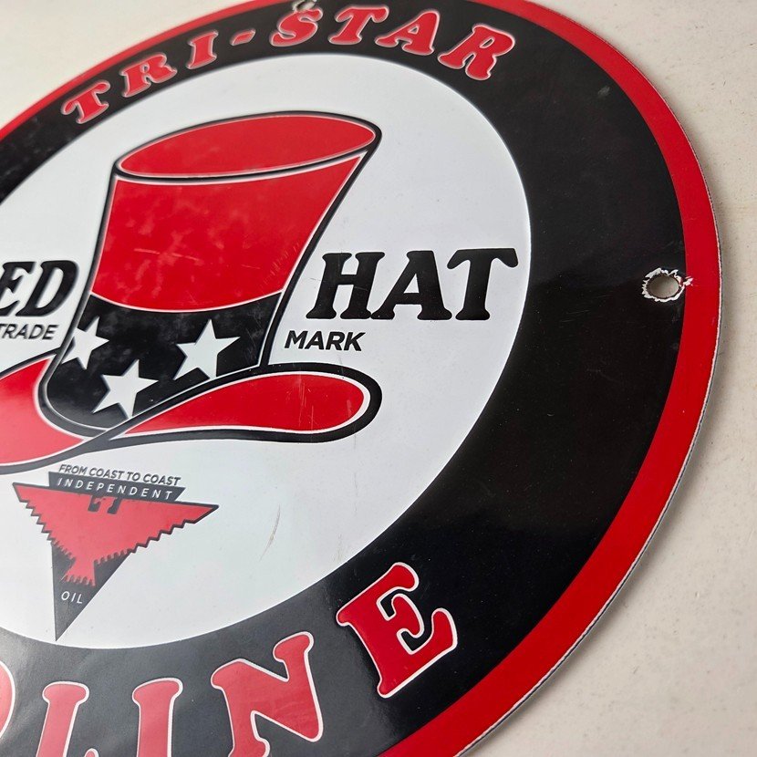 Vintage Red Hat Gasoline Porcelain Sign - Gas Motor Oil Pump Plate Sign - Image 13
