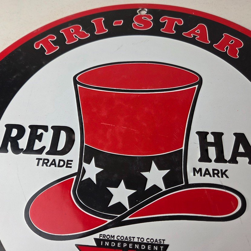 Vintage Red Hat Gasoline Porcelain Sign - Gas Motor Oil Pump Plate Sign - Image 3