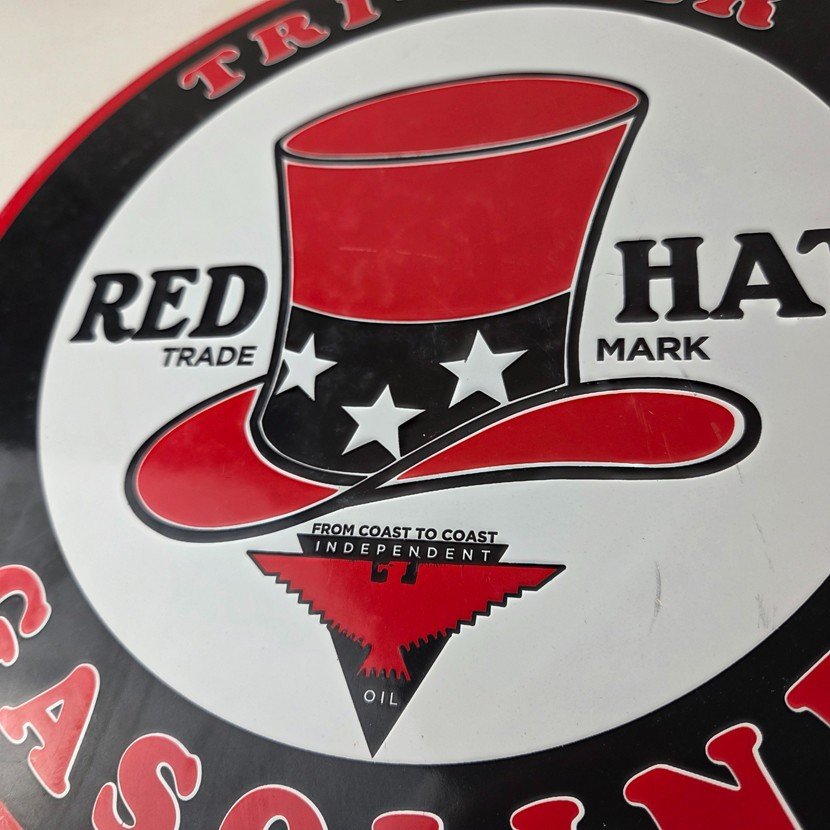 Vintage Red Hat Gasoline Porcelain Sign - Gas Motor Oil Pump Plate Sign - Image 4