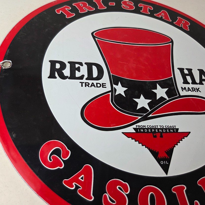 Vintage Red Hat Gasoline Porcelain Sign - Gas Motor Oil Pump Plate Sign - Image 6