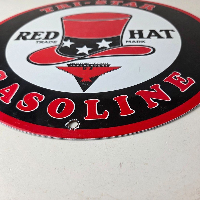 Vintage Red Hat Gasoline Porcelain Sign - Gas Motor Oil Pump Plate Sign - Image 10