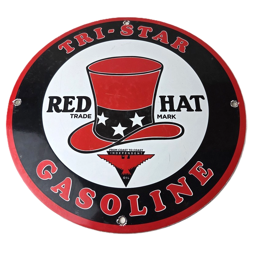 Vintage Red Hat Gasoline Porcelain Sign - Gas Motor Oil Pump Plate Sign