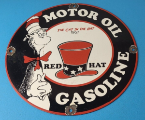 Vintage Red Hat Gasoline Sign Cat in the Hat Seuss Gas Oil Pump Porcelain Sign 305884986716