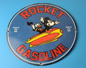 Vintage Rocket Gasoline Sign Disney Mickey Mouse Gas Oil Pump Porcelain Sign 305893063076