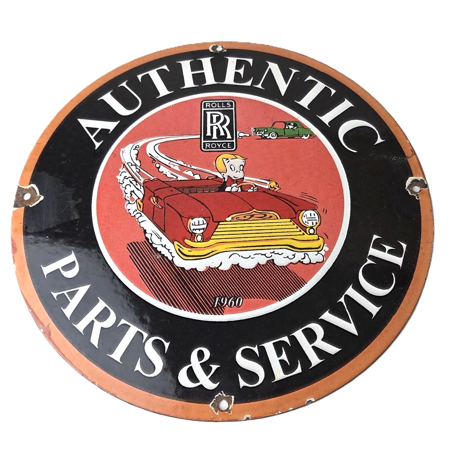 Vintage Rolls Royce Sign - Authentic Parts & Service Gas Pump Porcelain Sign