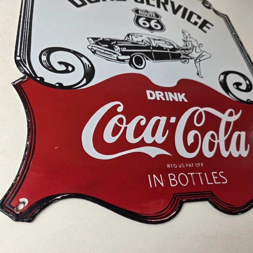 Vintage Route 66 Coca Cola Porcelain Sign - Curb Service Soda Diner Pump Sign - Image 11
