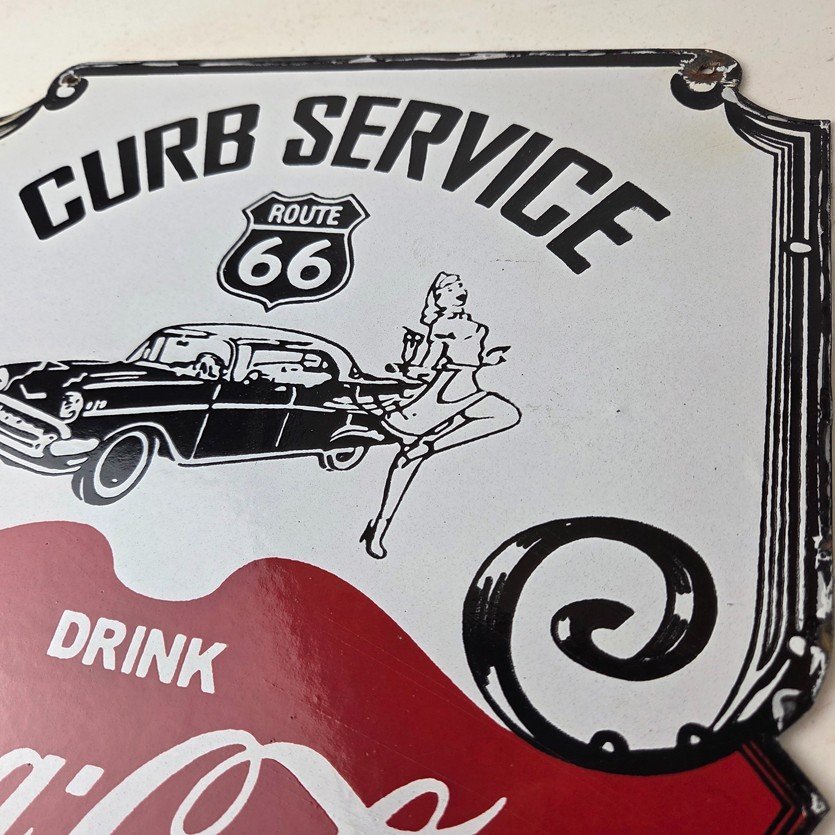 Vintage Route 66 Coca Cola Porcelain Sign - Curb Service Soda Diner Pump Sign - Image 12