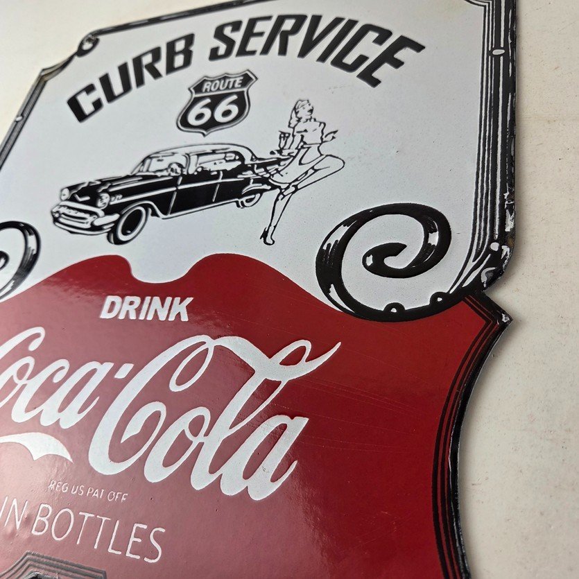 Vintage Route 66 Coca Cola Porcelain Sign - Curb Service Soda Diner Pump Sign - Image 13
