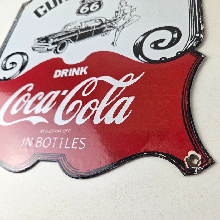 Vintage Route 66 Coca Cola Porcelain Sign - Curb Service Soda Diner Pump Sign - Image 14