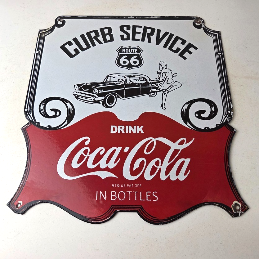 Vintage Route 66 Coca Cola Porcelain Sign - Curb Service Soda Diner Pump Sign - Image 15