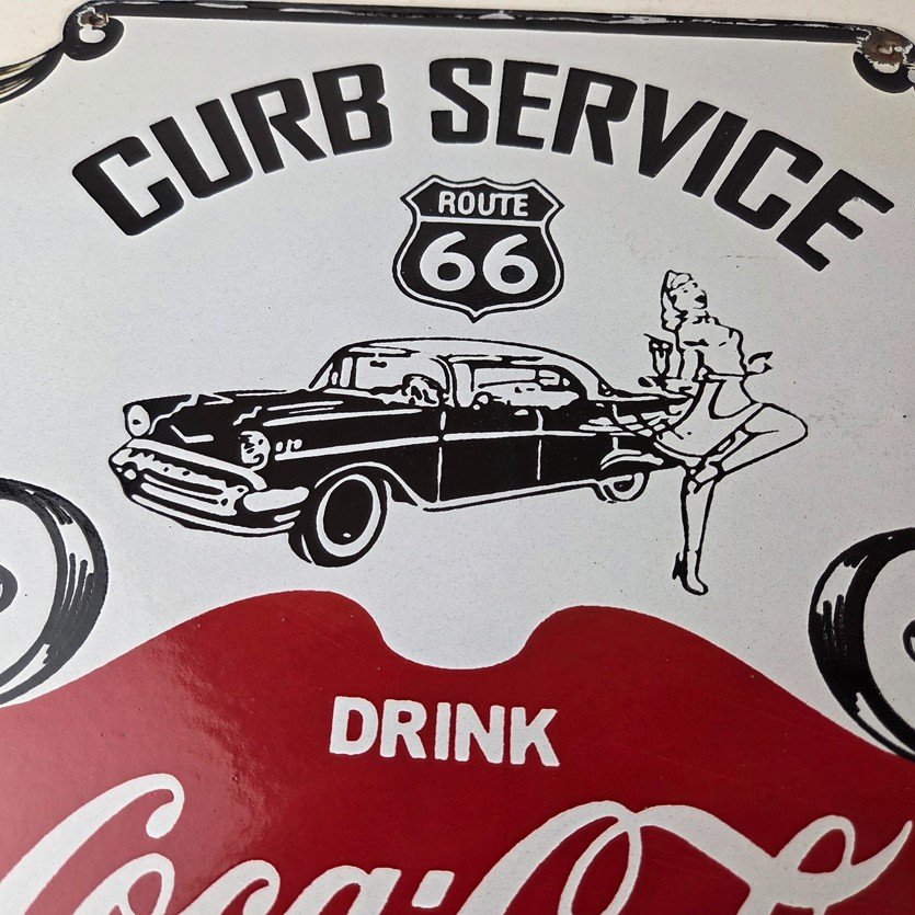 Vintage Route 66 Coca Cola Porcelain Sign - Curb Service Soda Diner Pump Sign - Image 3