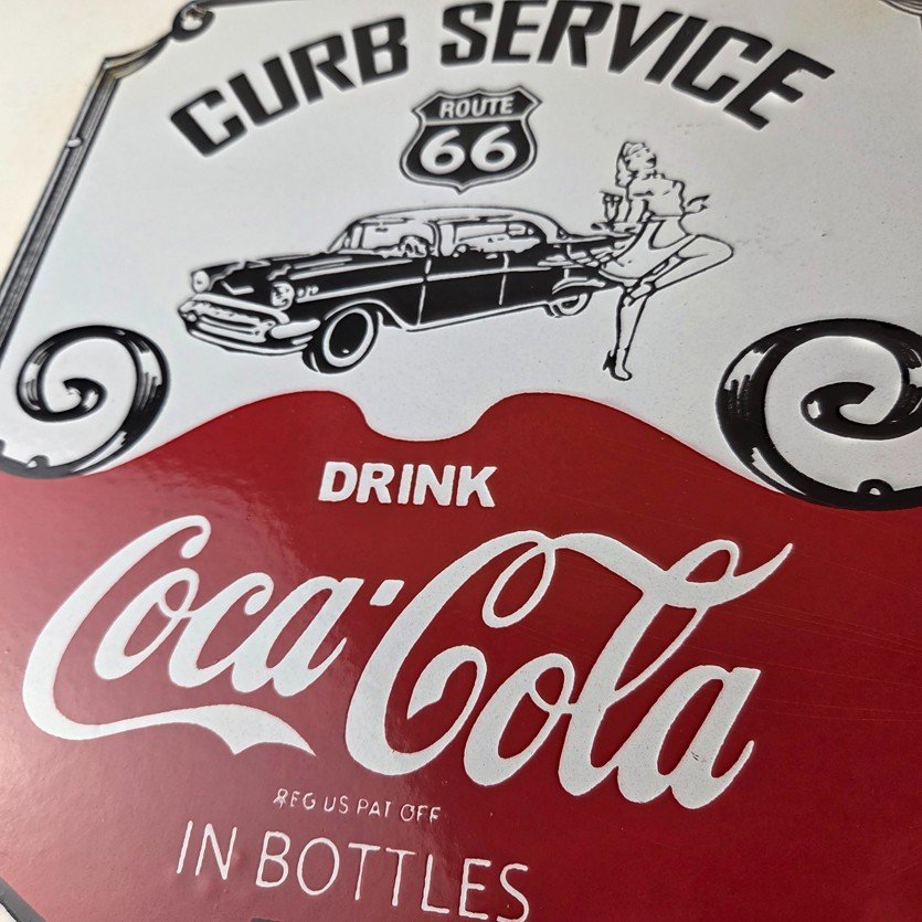 Vintage Route 66 Coca Cola Porcelain Sign - Curb Service Soda Diner Pump Sign - Image 4