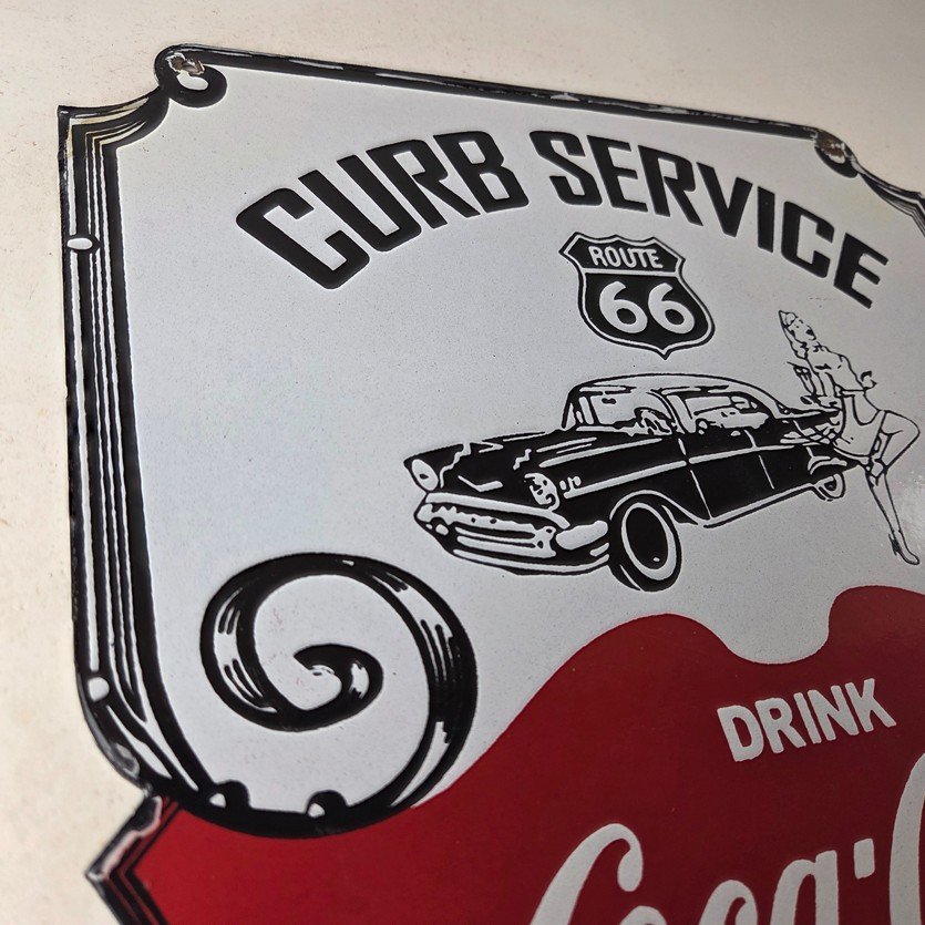 Vintage Route 66 Coca Cola Porcelain Sign - Curb Service Soda Diner Pump Sign - Image 5