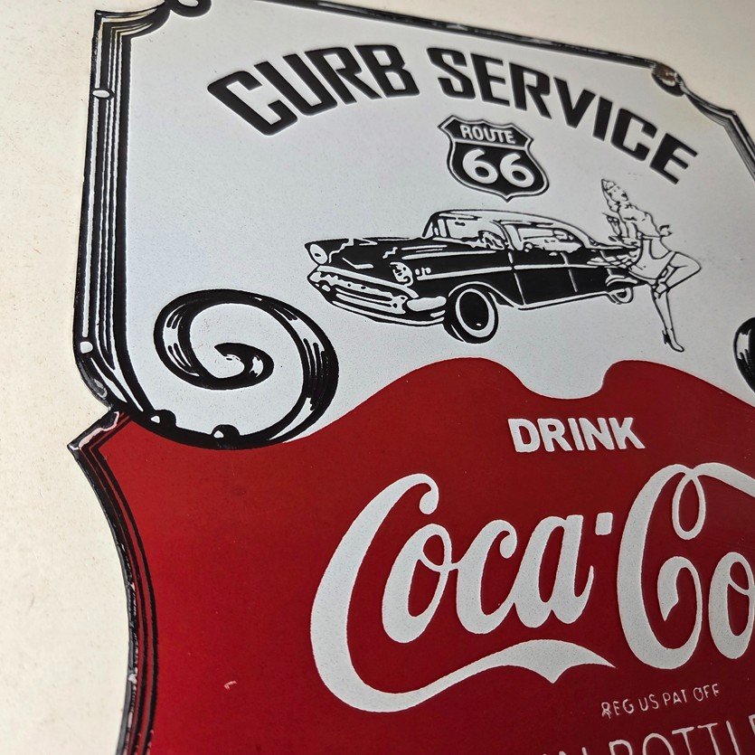 Vintage Route 66 Coca Cola Porcelain Sign - Curb Service Soda Diner Pump Sign - Image 6