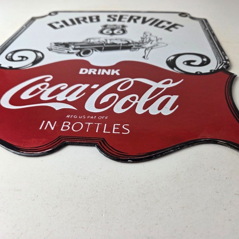 Vintage Route 66 Coca Cola Porcelain Sign - Curb Service Soda Diner Pump Sign - Image 10