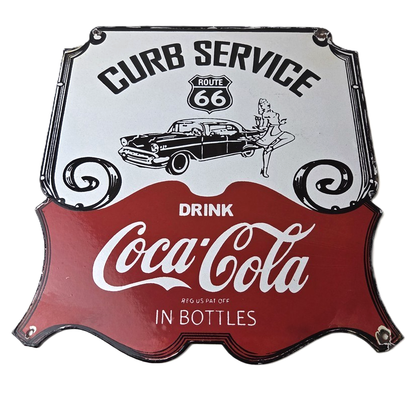 Vintage Route 66 Coca Cola Porcelain Sign - Curb Service Soda Diner Pump Sign
