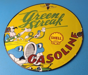 Vintage Shell Gasoline Sign Gas Pump Green Streak Porcelain Sign 305872162646