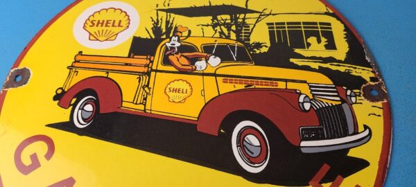 Vintage Shell Gasoline Sign Goofy Old Truck Gas Oil Pump Porcelain Sign 305774082616 3