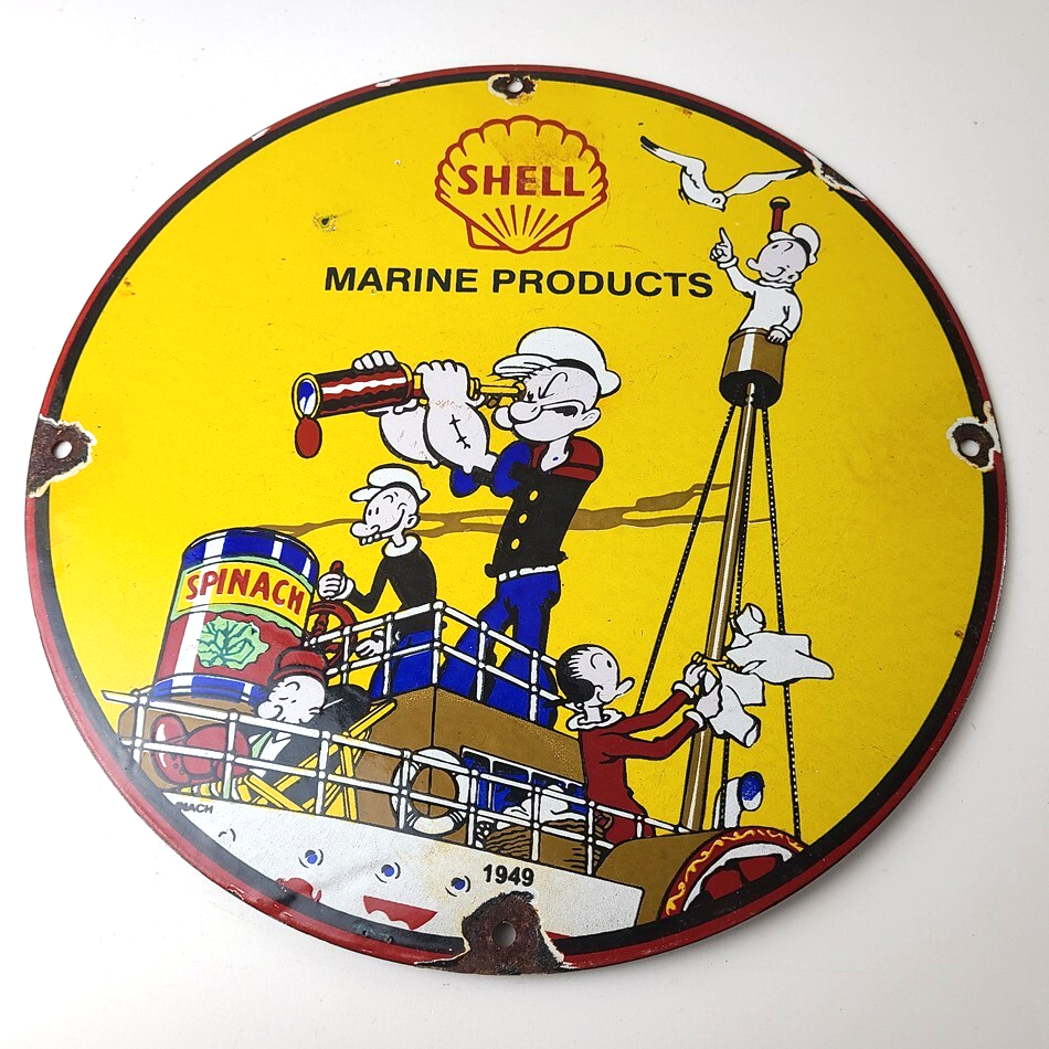 Vintage Shell Gasoline Sign - Use Coupon Code on Porcelain Popeye Gas Sign