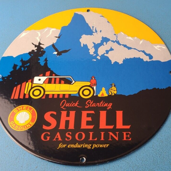Vintage Shell Gasoline Sign Yosemite Quick Starting Gas Pump Porcelain Sign