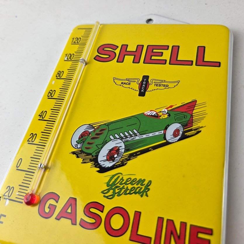 Vintage Shell Porcelain Sign - Green Streak Gasoline Pump Ad Sign On Thermometer - Image 12