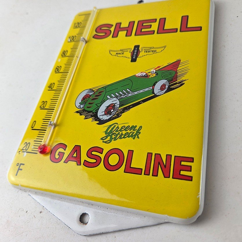 Vintage Shell Porcelain Sign - Green Streak Gasoline Pump Ad Sign On Thermometer - Image 13