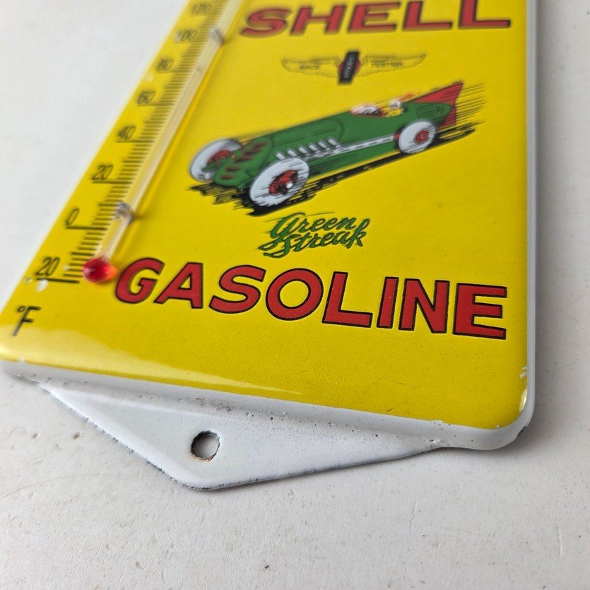 Vintage Shell Porcelain Sign - Green Streak Gasoline Pump Ad Sign On Thermometer - Image 14