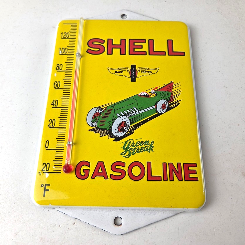 Vintage Shell Porcelain Sign - Green Streak Gasoline Pump Ad Sign On Thermometer - Image 15