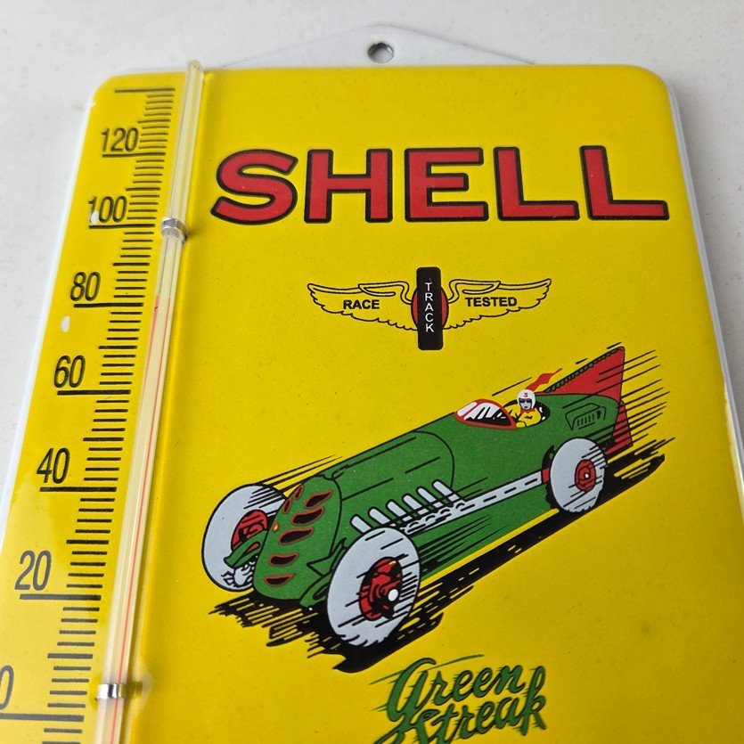 Vintage Shell Porcelain Sign - Green Streak Gasoline Pump Ad Sign On Thermometer - Image 3