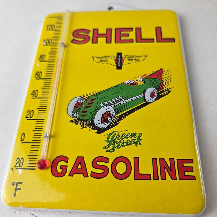 Vintage Shell Porcelain Sign - Green Streak Gasoline Pump Ad Sign On Thermometer - Image 4