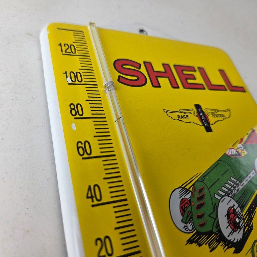 Vintage Shell Porcelain Sign - Green Streak Gasoline Pump Ad Sign On Thermometer - Image 5