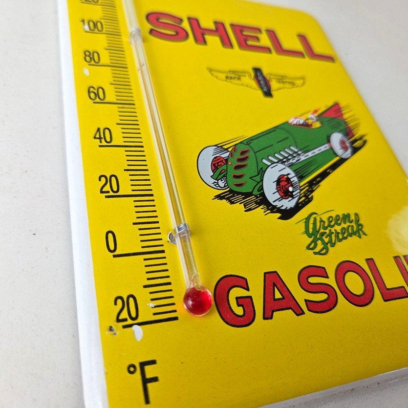 Vintage Shell Porcelain Sign - Green Streak Gasoline Pump Ad Sign On Thermometer - Image 6