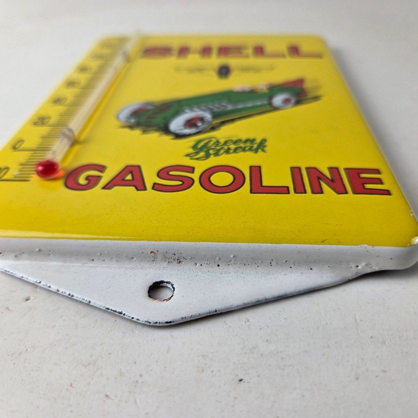 Vintage Shell Porcelain Sign - Green Streak Gasoline Pump Ad Sign On Thermometer - Image 10
