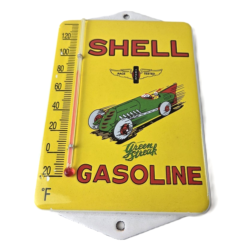 Vintage Shell Porcelain Sign - Green Streak Gasoline Pump Ad Sign On Thermometer