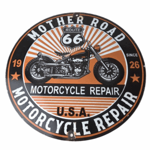 Vintage US Route 66 Sign - Porcelain Motorcycle Repair Gas Pump Sign