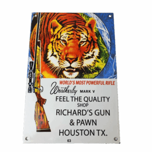 Vintage Weatherly Mark Sign - Hunting Firearms Powerful Rifle Ad Porcelain Sign