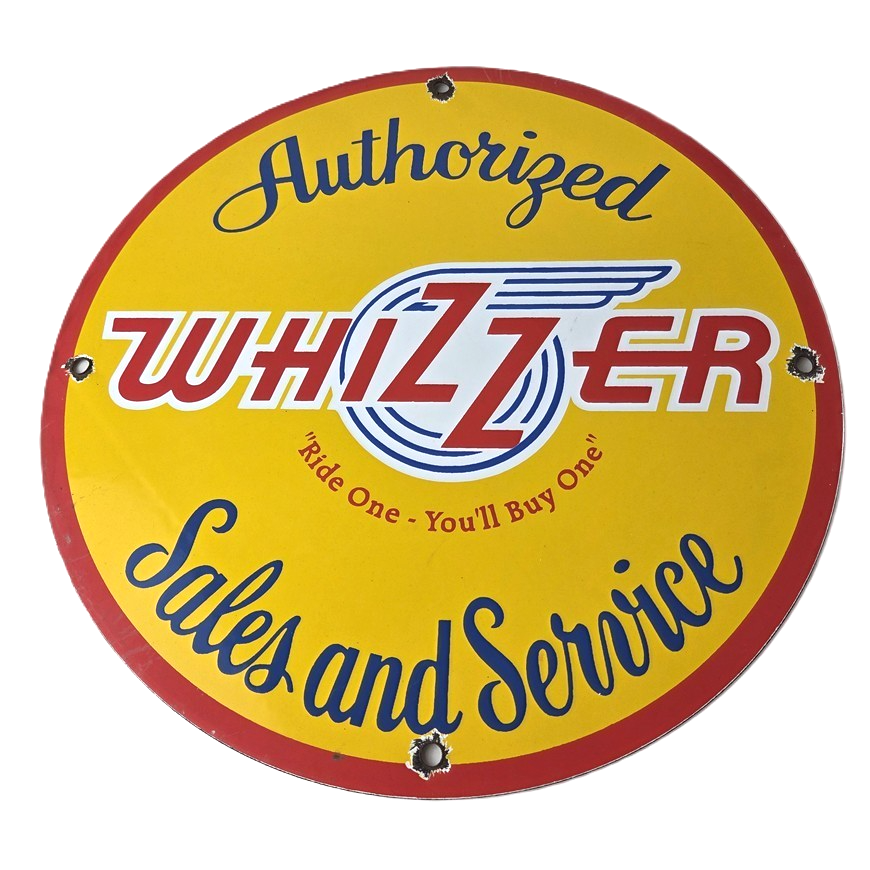 Vintage Whizzer Motor Bike Sign - Gas Sales Service Station Porcelain Sign
