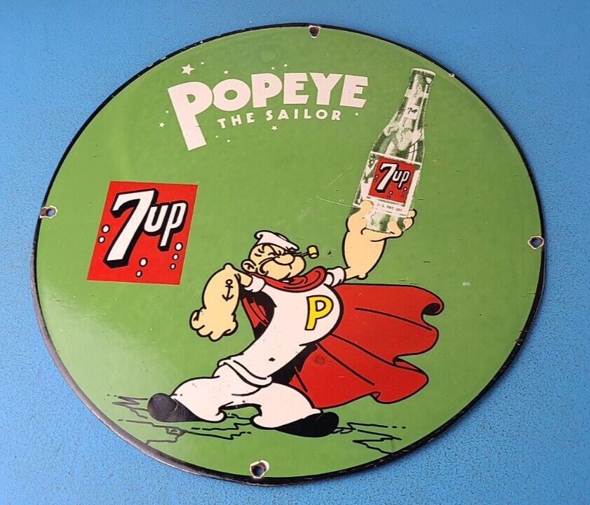 VINTAGE 7 UP PORCELAIN POPEYE GAS SODA COLA GENERAL STORE BEVERAGE PUMP SIGN 305228060707