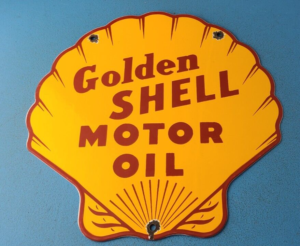 VINTAGE GOLDEN SHELL GASOLINE PORCELAIN GAS OIL SERVICE STATION PUMP PLATE SIGN 305856471337