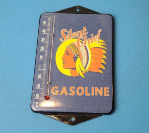 VINTAGE SILENT CHIEF PORCELAIN GAS PUMP AD SALES SIGN ON SERVICE THERMOMETER 305900506377