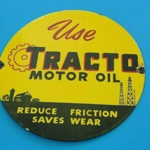 VINTAGE TRACTO MOTOR PORCELAIN GAS FARM IMPLEMENTS SERVICE SALE TRACTOR 12" SIGN
