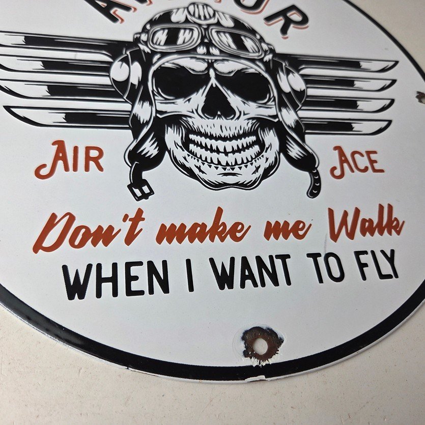 Vintage Air Ace Sign - Fly Aviation Aviator Skull Service Gas Porcelain Sign - Image 11
